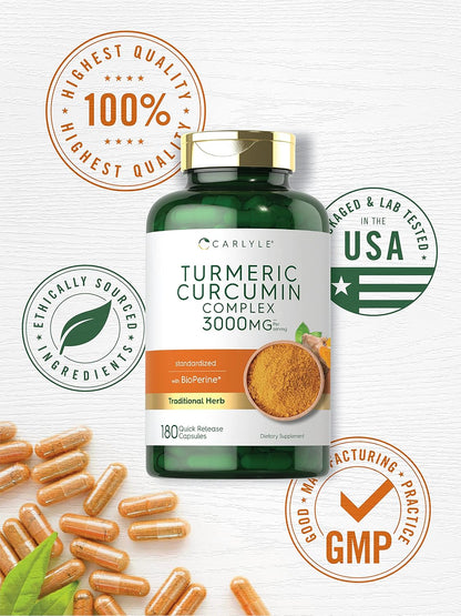 Carlyle Turmeric Curcumin Supplement | 3000Mg 180 Capsules | with Black Pepper, Curcuminoids and Bioperine | Non-Gmo, Gluten Free