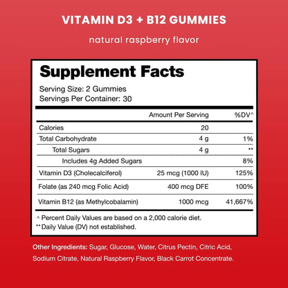 Nutrachamps Vitamin D3 & B12, Methyl B12 Gummies for Adults & Kids, Enhanced with Vitamin D 3 & B9 Vitamin Folate, Natural Energy, Mood, Metabolism & Focus, Raspberry, 60 Gummies