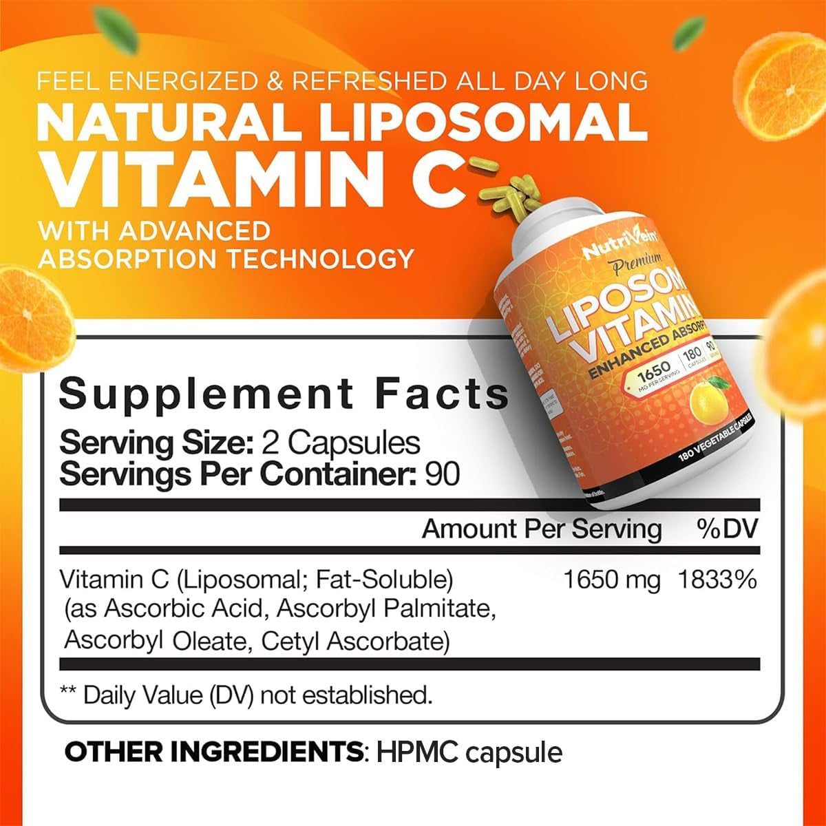 Nutrivein Premium Liposomal Vitamin C Supplement 1650Mg - 180 Caps: High-Absorption High Dose Vitamin C Capsules for Whole-Body Defenses & Overall Well-Being