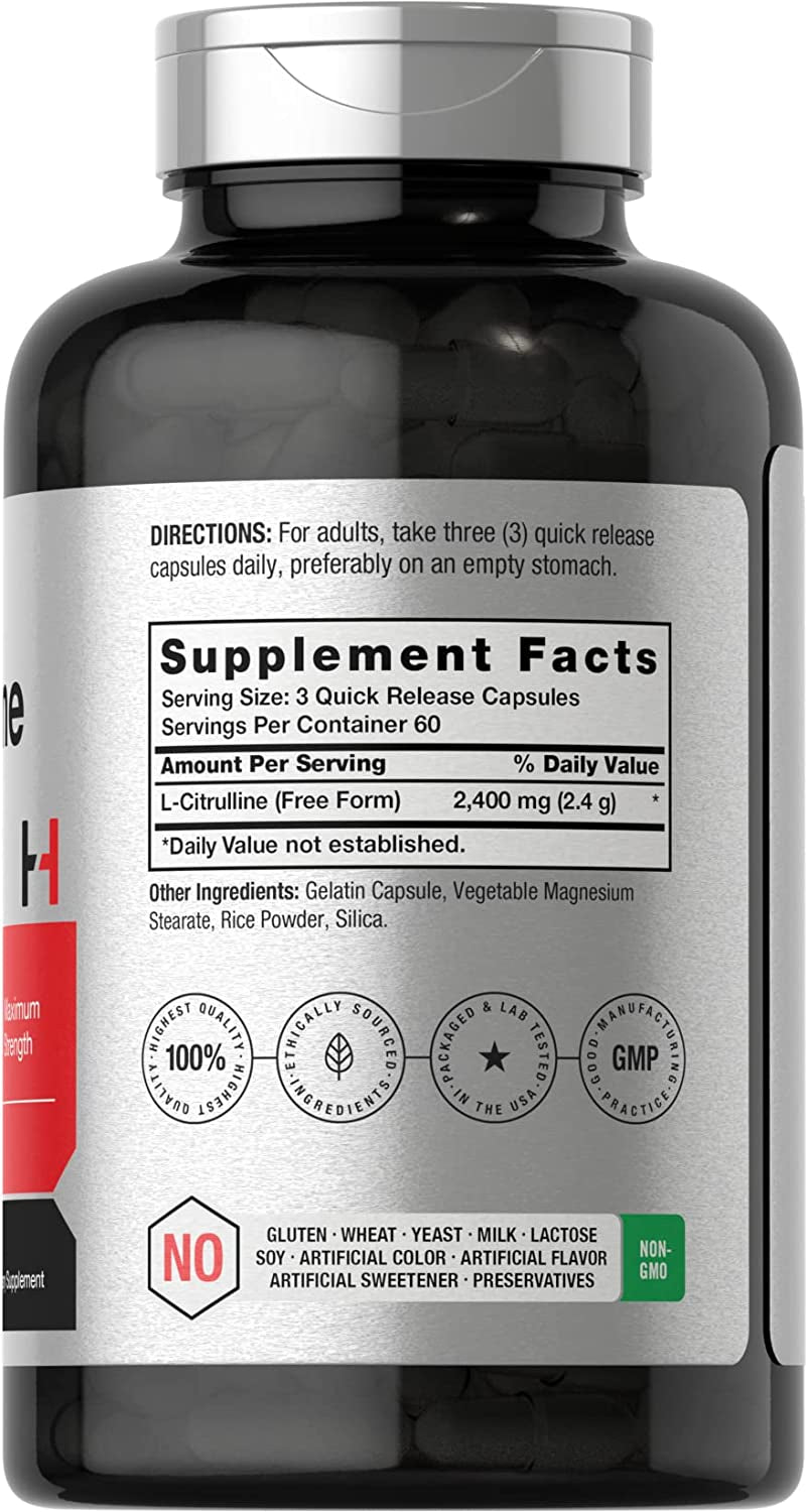 Horbaach L Citrulline Supplement for Men and Women | 2400 Mg | 180 Capsules | Maximum Strength and Free Form | Non-Gmo, Gluten Free