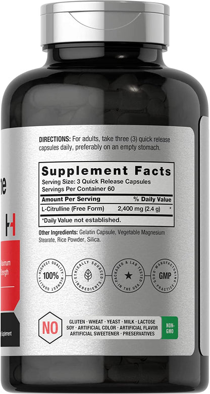 Horbaach L Citrulline Supplement for Men and Women | 2400 Mg | 180 Capsules | Maximum Strength and Free Form | Non-Gmo, Gluten Free