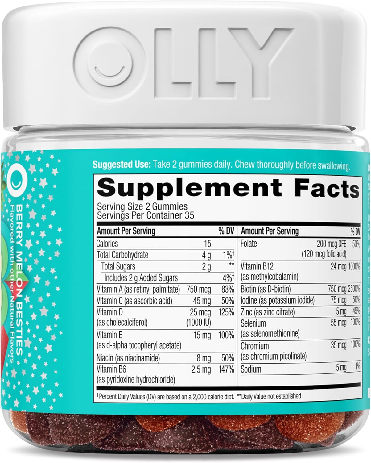 Olly Teen Girl Multi Gummy, Healthy Skin and Immune Support, 15 Essential Vitamins, Biotin, Zinc, Calcium, Chewable Multivitamin, Berry Melon, 35 Day Supply, 70 Count