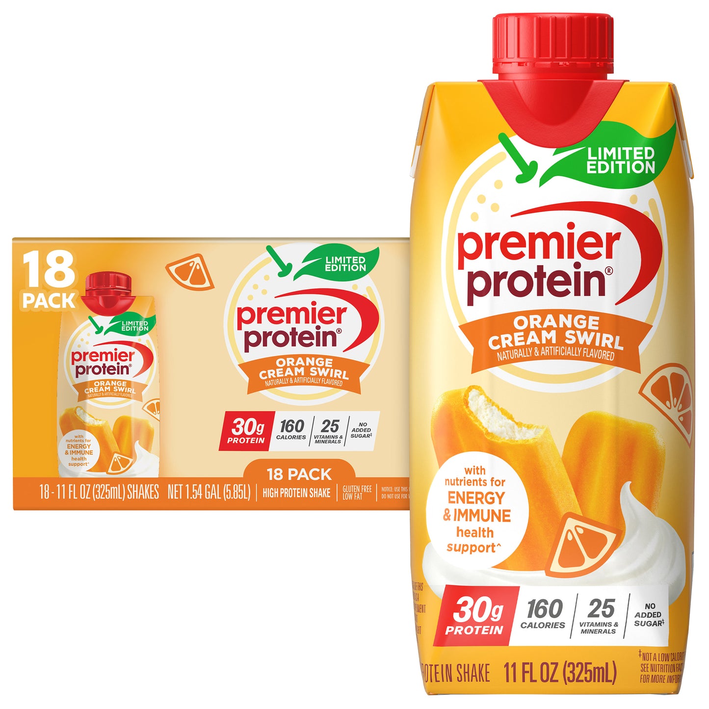 Premier 30G Protein plus Energy and Immune Support Shakes, Orange Cream Swirl, 11 Fl Oz, 18-Pack