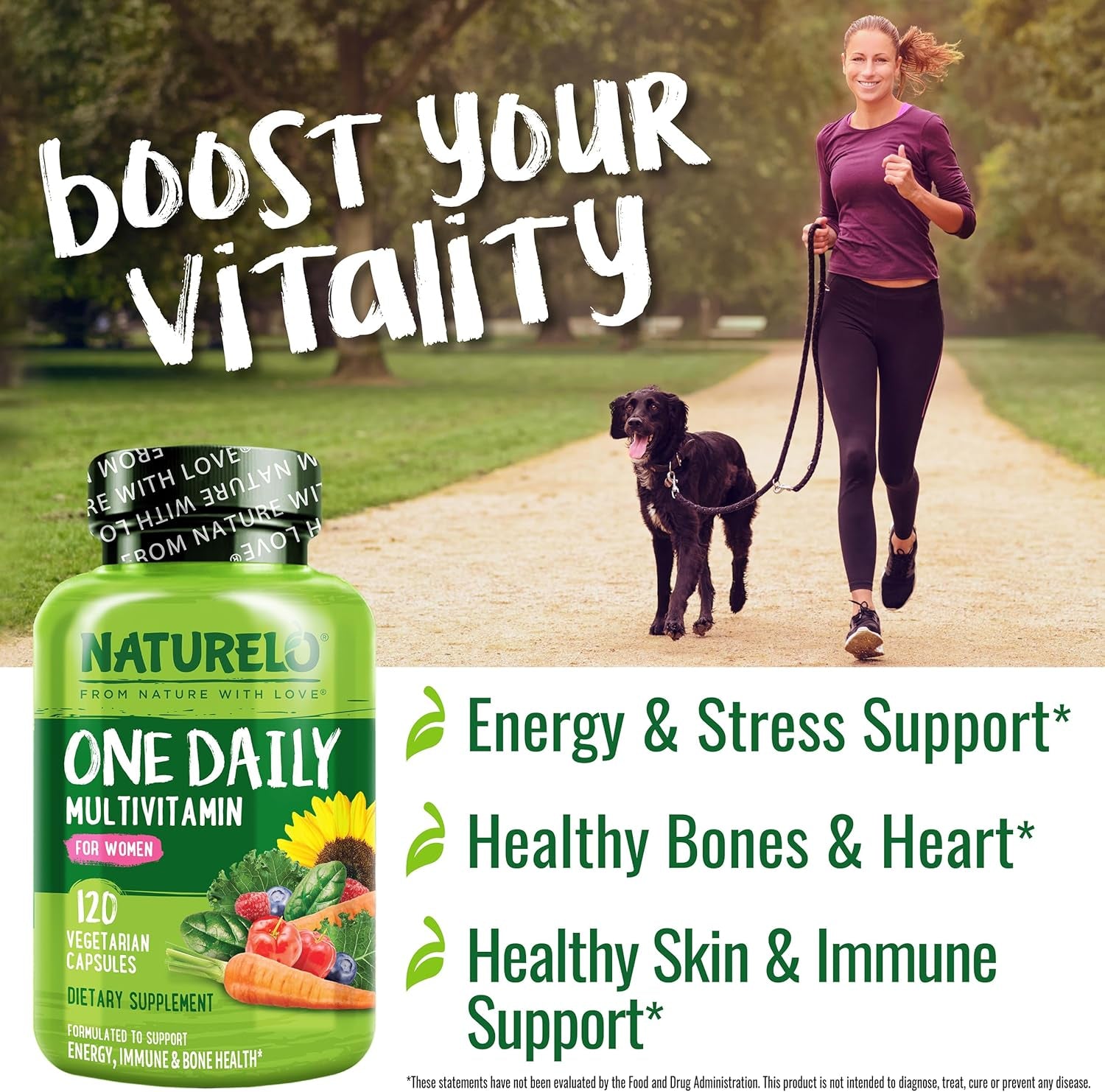 NATURELO One Daily Multivitamin for Women W/Vitamin B12, 120 Ct, Energy Support, Whole Food Daily Women Multivitamin Supplement, Nourish Hair/Skin/Nail, Non-Gmo, No Soy, Gluten Free, 4 Month Supply