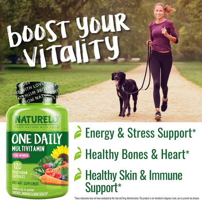NATURELO One Daily Multivitamin for Women W/Vitamin B12, 120 Ct, Energy Support, Whole Food Daily Women Multivitamin Supplement, Nourish Hair/Skin/Nail, Non-Gmo, No Soy, Gluten Free, 4 Month Supply