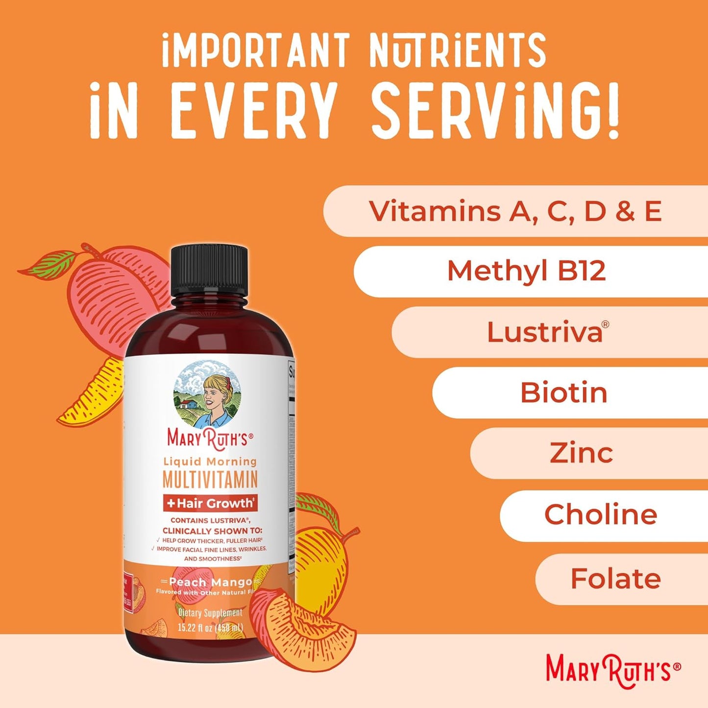 Maryruth Organics Liquid Multivitamin+Hair Growth | Biotin 10000Mcg | Lustriva Hair Growth Supplement | Clinically Tested in Women for Thicker Hair&Facial Wrinkle | Skin Care | Ages 18+ | 15.22 Fl Oz