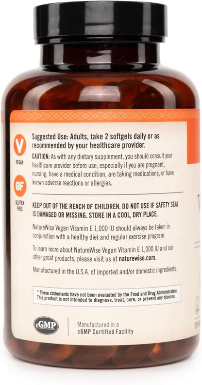 Naturewise Vitamin E 1000 IU Softgels (450Mg Dl-Alpha) - Vegan, Gluten-Free, Soy-Free, Non-Gmo Antioxidant Dietary Supplement for Skin, Heart, Eye, and Immune Health Support - 60-Day Supply, 120 Count