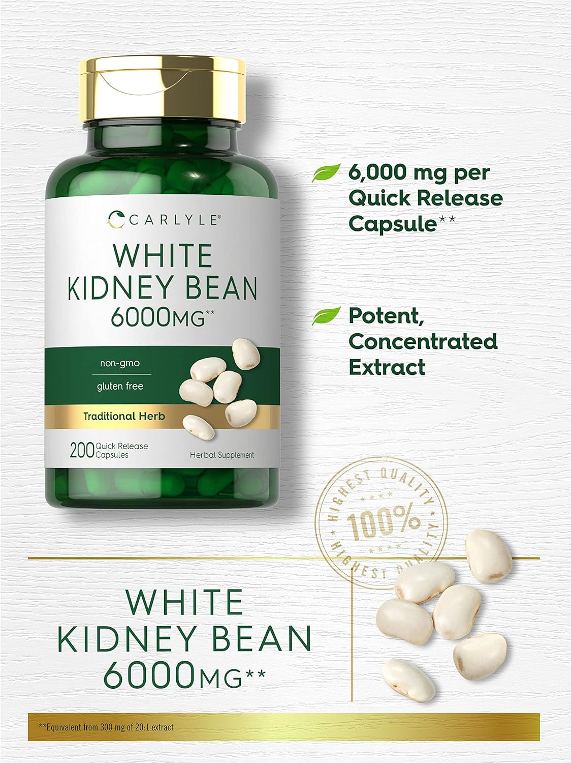 Carlyle White Kidney Bean | 6000Mg | 200 Count | Non-Gmo & Gluten Free Extract