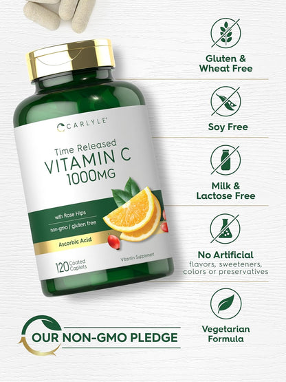 Carlyle Vitamin C 1000Mg | Timed Release | 120 Vegetarian Caplets | with Rose HIPS | Non-Gmo & Gluten Free Supplement