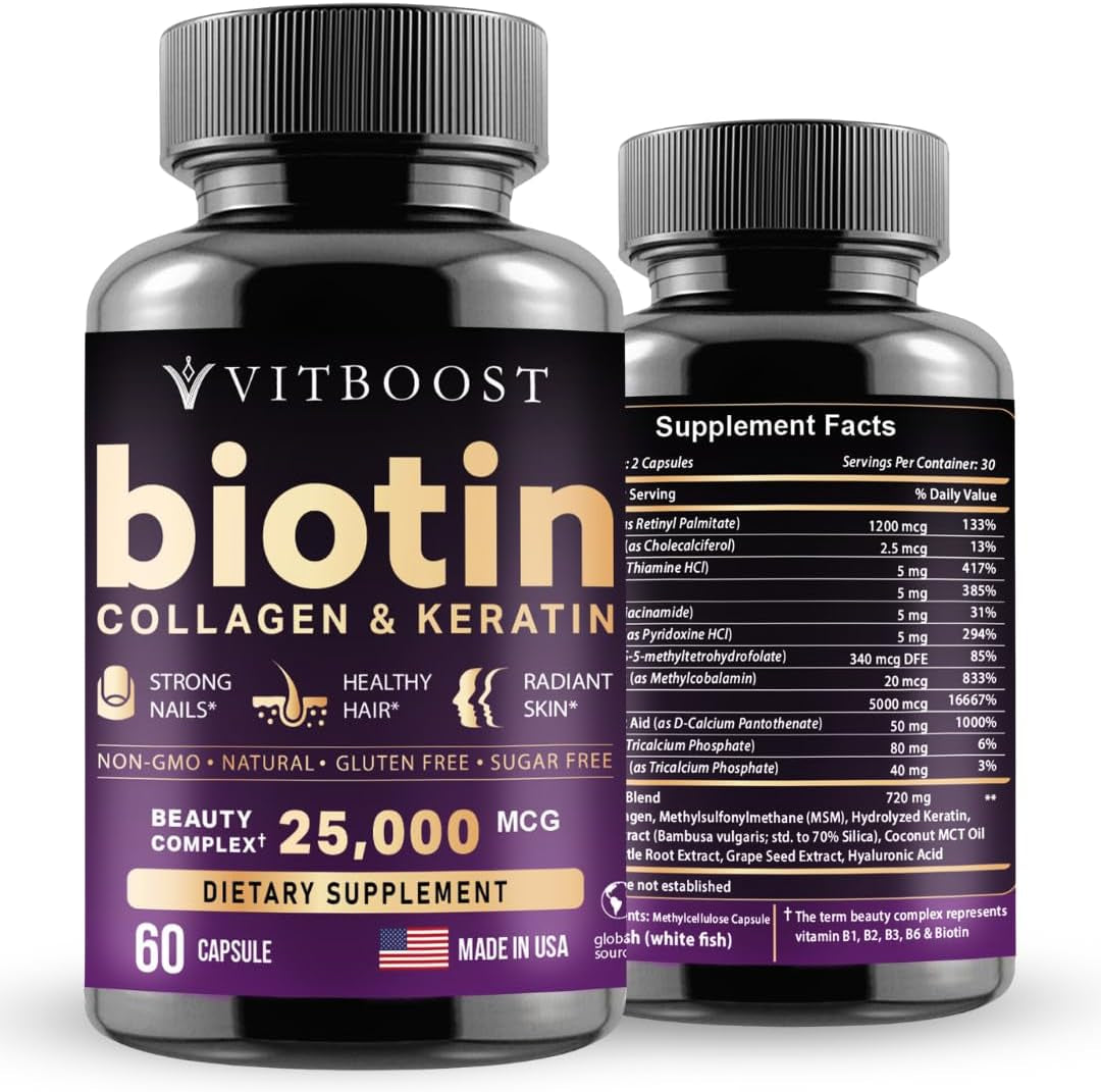 VITBOOST Biotin with Hyaluronic Acid, Collagen and Keratin – 25000 Mcg Hair Growth Vitamins for Men and Women – Nails and Skin, USA Made - Third Party Tested, B1, B2, B3, B6, B7 Complex - 60 Capsules