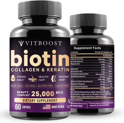 VITBOOST Biotin with Hyaluronic Acid, Collagen and Keratin – 25000 Mcg Hair Growth Vitamins for Men and Women – Nails and Skin, USA Made - Third Party Tested, B1, B2, B3, B6, B7 Complex - 60 Capsules