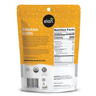 Elan Organic Banana Chips, 4.8 Oz, Non-Gmo, Vegan, Gluten-Free, Kosher, Sweetened with Organic Sugar, Crunchy Snacks, Sweet Snacks