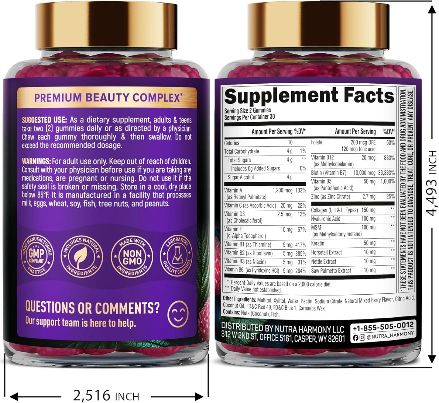 Biotin Gummies with Collagen - Hair Growth Support Skin, & Nail Strength - for Women & Men - Biotin 10000Mcg | Keratin | Hyaluronic Acid | B-Complex | Saw Palmetto - Sugar-Free, Mixed Berry - 60 Gummy