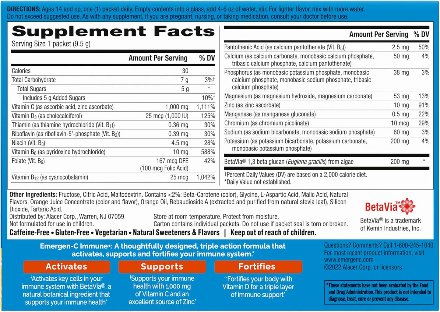 Emergen-C Immune+ Triple Action Immune Support Powder, Betavia (R), 1000Mg Vitamin C, B Vitamins, Vitamin D and Antioxidants, Super Orange – 30 Count