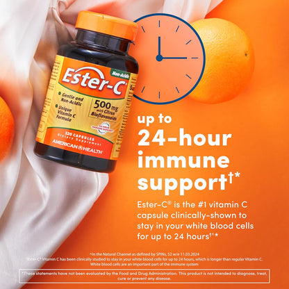 American Health Ester-C with Citrus Bioflavonoids Capsules - Gentle on Stomach, Non-Acidic Vitamin C - 500 Mg, 60 Servings, 120 Count