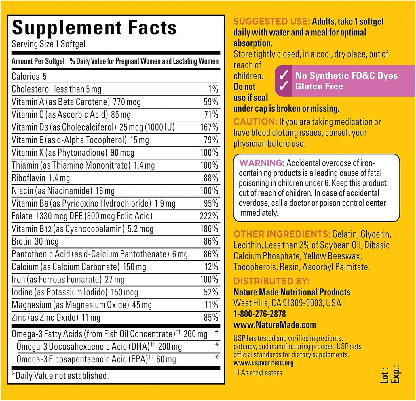 Nature Made Prenatal with Folic Acid + DHA, Prenatal Vitamin and Mineral Supplement for Daily Nutritional Support, 110 Softgels, 110 Day Supply