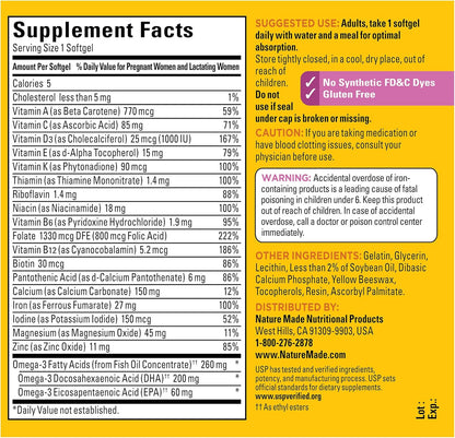 Nature Made Prenatal with Folic Acid + DHA, Prenatal Vitamin and Mineral Supplement for Daily Nutritional Support, 110 Softgels, 110 Day Supply