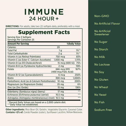Nature'S Bounty Immune 24 Hour +, the Only Vitamin C with 24 Hour Immune Support from Ester-C, 1000 Mg Vitamin C, D & Zinc, Gluten Free, Rapid Release Softgels, 2 Softgels per Day, 50 Count