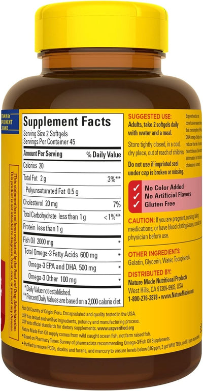 Nature Made Fish Oil 1000 Mg Softgels, Omega 3 Fish Oil Supplements for Healthy Heart Support with 90 Softgels, 45 Day Supply