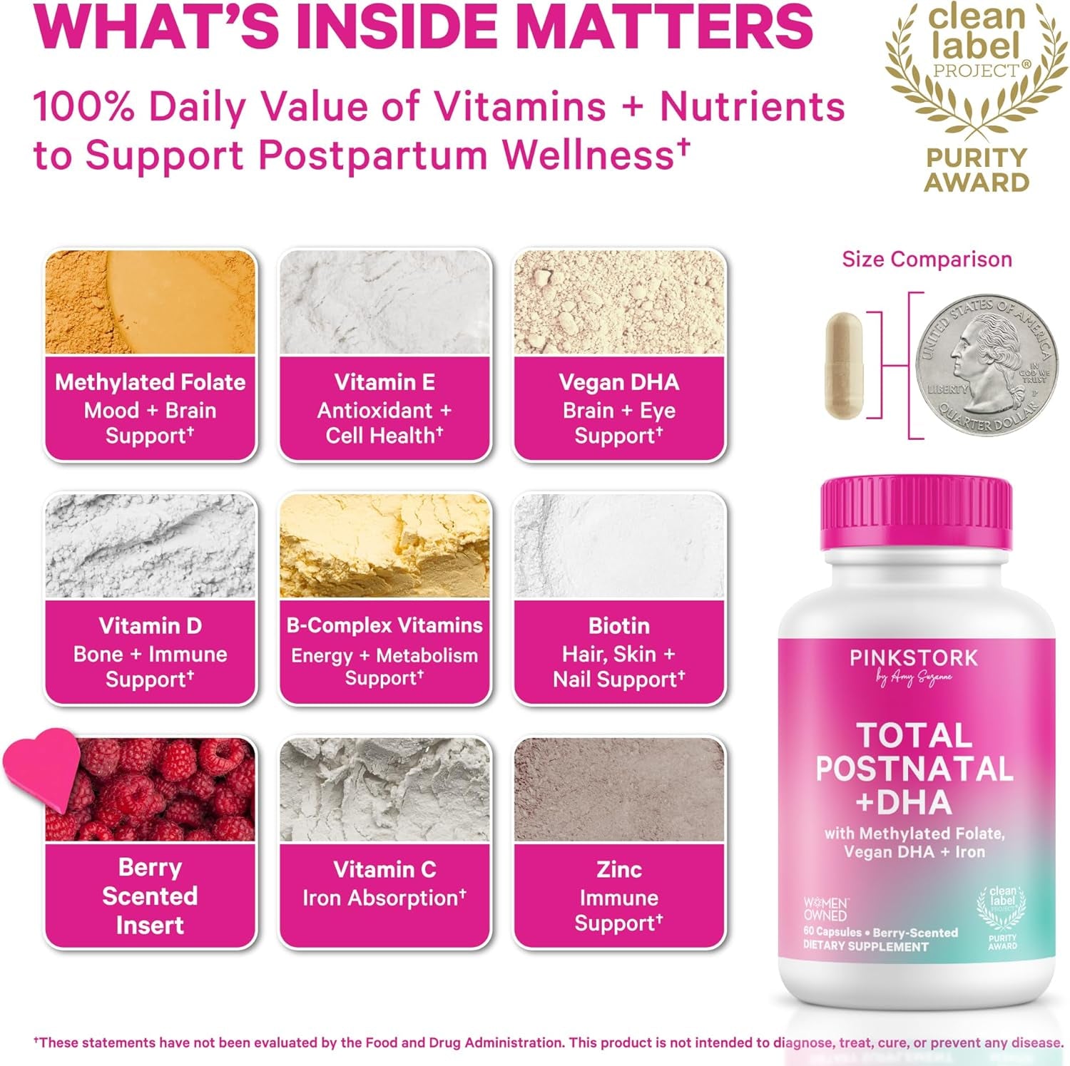 Pink Stork Total Postnatal Vitamins for Women with Vegan DHA, Iron, Folate, and Vitamin B12, Postpartum Recovery Essentials, Daily Supplement for Breastfeeding Moms - 1 Month Supply