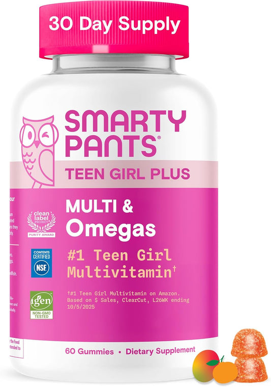Smartypants Teen Girl Multivitamin Gummies - Improved Formula: Omega 3 (DHA/EPA), Vitamin C, D3, B12, Vitamin A, K & Zinc, Biotin to Support Hair, Skin & Nails, Gluten Free, 60 Count (30 Day Supply)