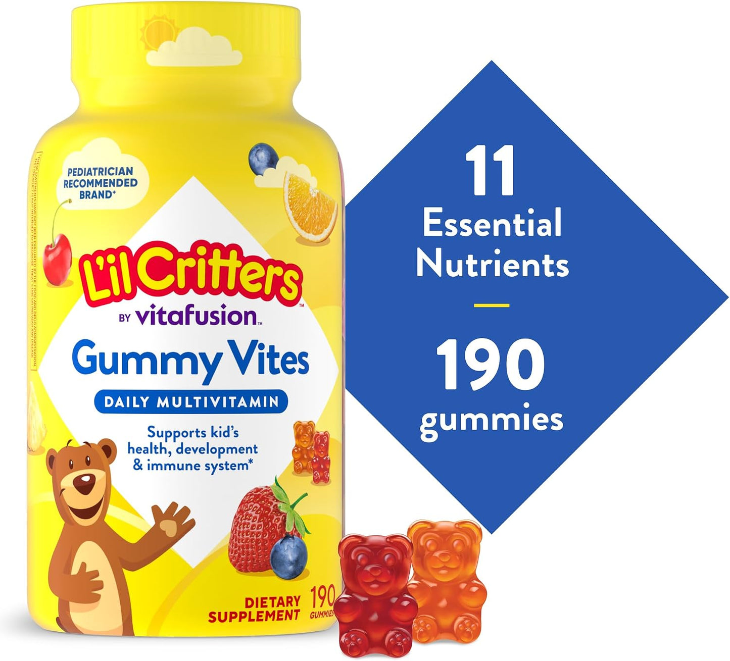 L'Il Critters Gummy Vites Kids Multivitamin | 190 Gummies with Vitamins A, B, C, D, E | Assorted Fruit Flavors | Gluten and Dairy Free Children'S Daily Supplement