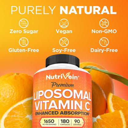 Nutrivein Premium Liposomal Vitamin C Supplement 1650Mg - 180 Caps: High-Absorption High Dose Vitamin C Capsules for Whole-Body Defenses & Overall Well-Being