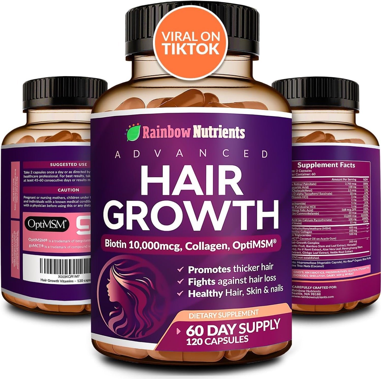 Hair Growth Vitamins for Women | Biotin 10,000Mcg, Collagen, Patented Optimsm®, Gomct®, Saw Palmetto | Naturally Regrow Stronger & Healthier Hair, Skin and Nails | Stops Hair Loss | 60 Day Supply