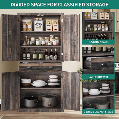 Kitchen Pantry Storage Cabinet, 72'' with Large Drawer and Adjustable Shelves, Dark Rustic Oak