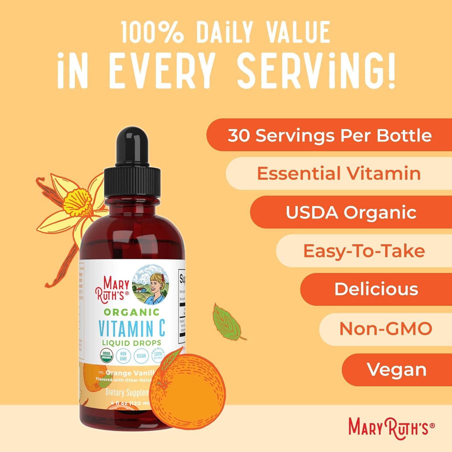 Maryruth Organics Organic Vitamin C Supplement | Liquid Vitamin C Liquid Drops for Adults & Kids | Immune Support Supplement for Overall Health | Vegan | Non-Gmo | Gluten Free | 4 Fl Oz