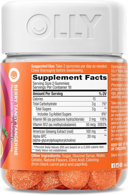 OLLY Laser Focus Gummy, Ginseng, Alpha GPC, B Vitamins, Berry Tangerine Flavor - 36 Count