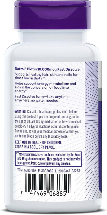 Natrol Biotin 10000Mcg, 4X Faster Dissolve Supplement for Healthy Hair, Skin and Nails for Those Low in Biotin, plus Energy Metabolism Support, 60 Tablets, up to a 60 Day Supply