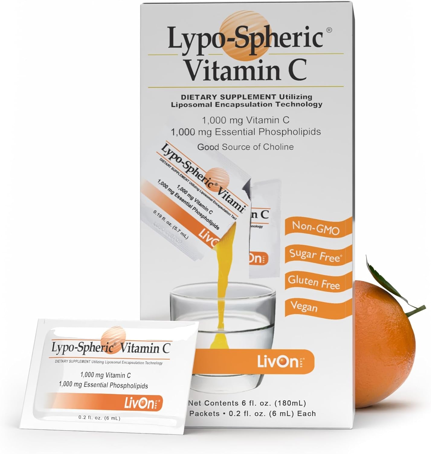 Livon Laboratories Lypo–Spheric Liposomal Vitamin C 1000Mg - No Sugar, Immune Support, Plant Based - Easy to Swallow, Absorbable - Non–Gmo, Gluten Free (0.2 Fl Oz Individual 30 Packets)