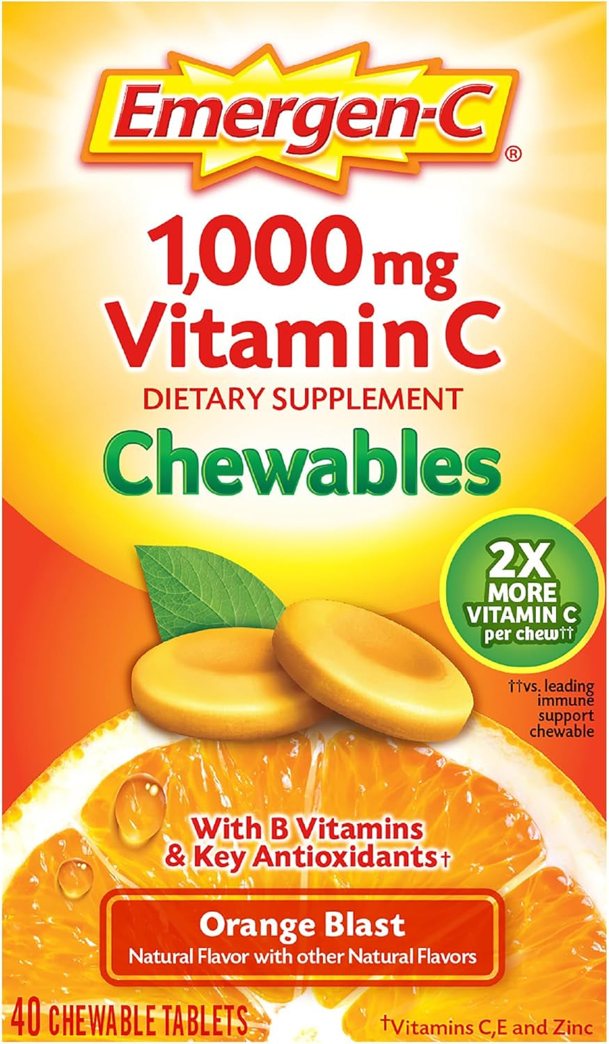 Emergen-C Chewable Vitamin C 1000Mg, with B Vitamins and Antioxidants Tablet (40 Count, Orange Blast Flavor), Dietary Supplement