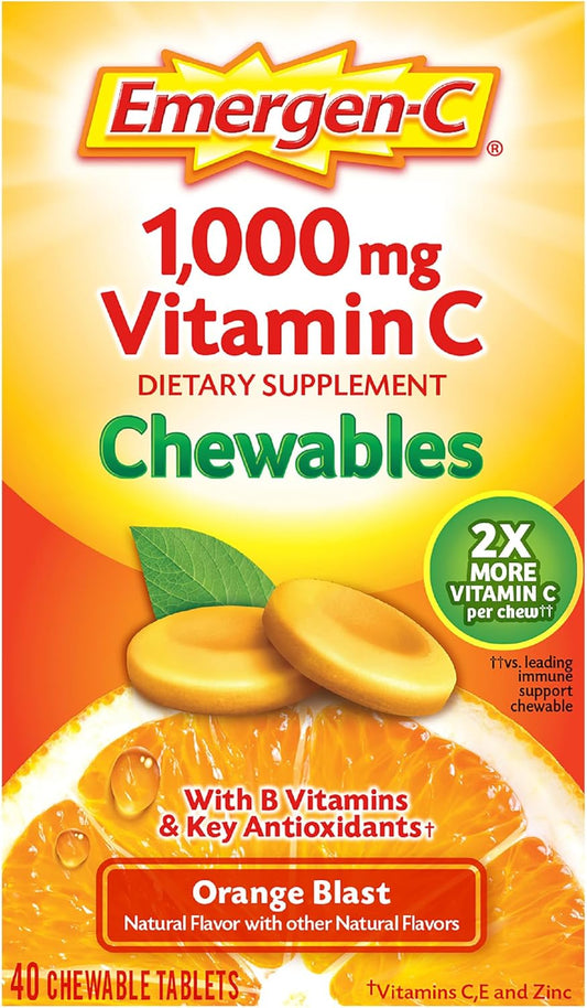 Emergen-C Chewable Vitamin C 1000Mg, with B Vitamins and Antioxidants Tablet (40 Count, Orange Blast Flavor), Dietary Supplement