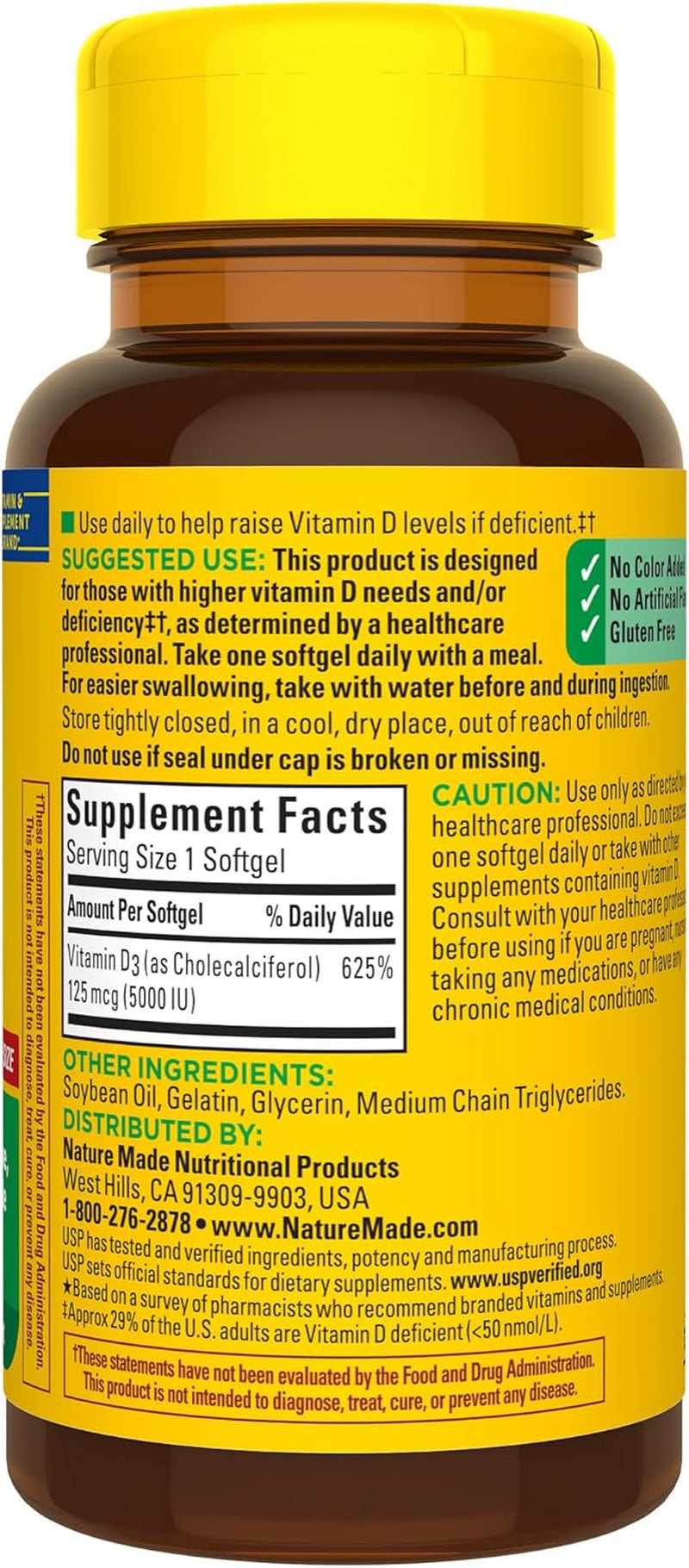Nature Made Vitamin D3 5000 IU (125 Mcg) Softgels, Extra Strength Vitamin D Supplement for Bone and Immune Health Support, 180 Count, 180 Day Supply