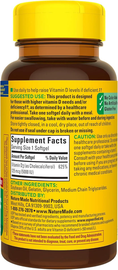 Nature Made Vitamin D3 5000 IU (125 Mcg) Softgels, Extra Strength Vitamin D Supplement for Bone and Immune Health Support, 180 Count, 180 Day Supply