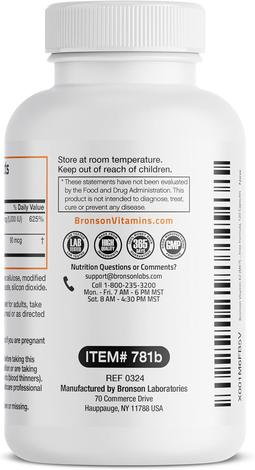 Bronson Vitamin K2 (MK7) with D3 Supplement Non-Gmo Formula 5000 IU Vitamin D3 & 90 Mcg K2 MK-7 Easy to Swallow D & K Complex, 120 Capsules