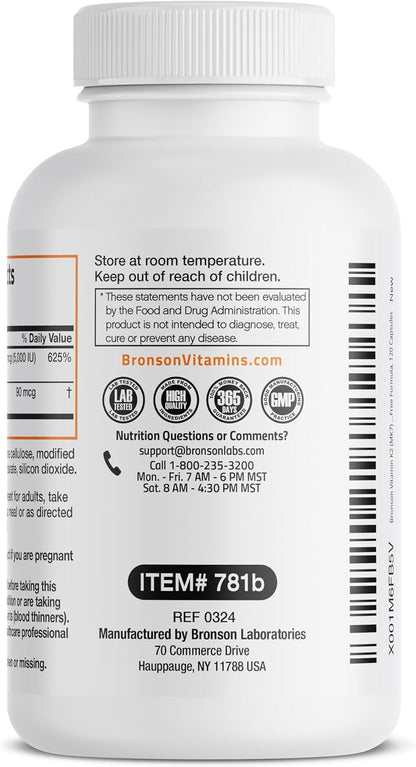 Bronson Vitamin K2 (MK7) with D3 Supplement Non-Gmo Formula 5000 IU Vitamin D3 & 90 Mcg K2 MK-7 Easy to Swallow D & K Complex, 120 Capsules