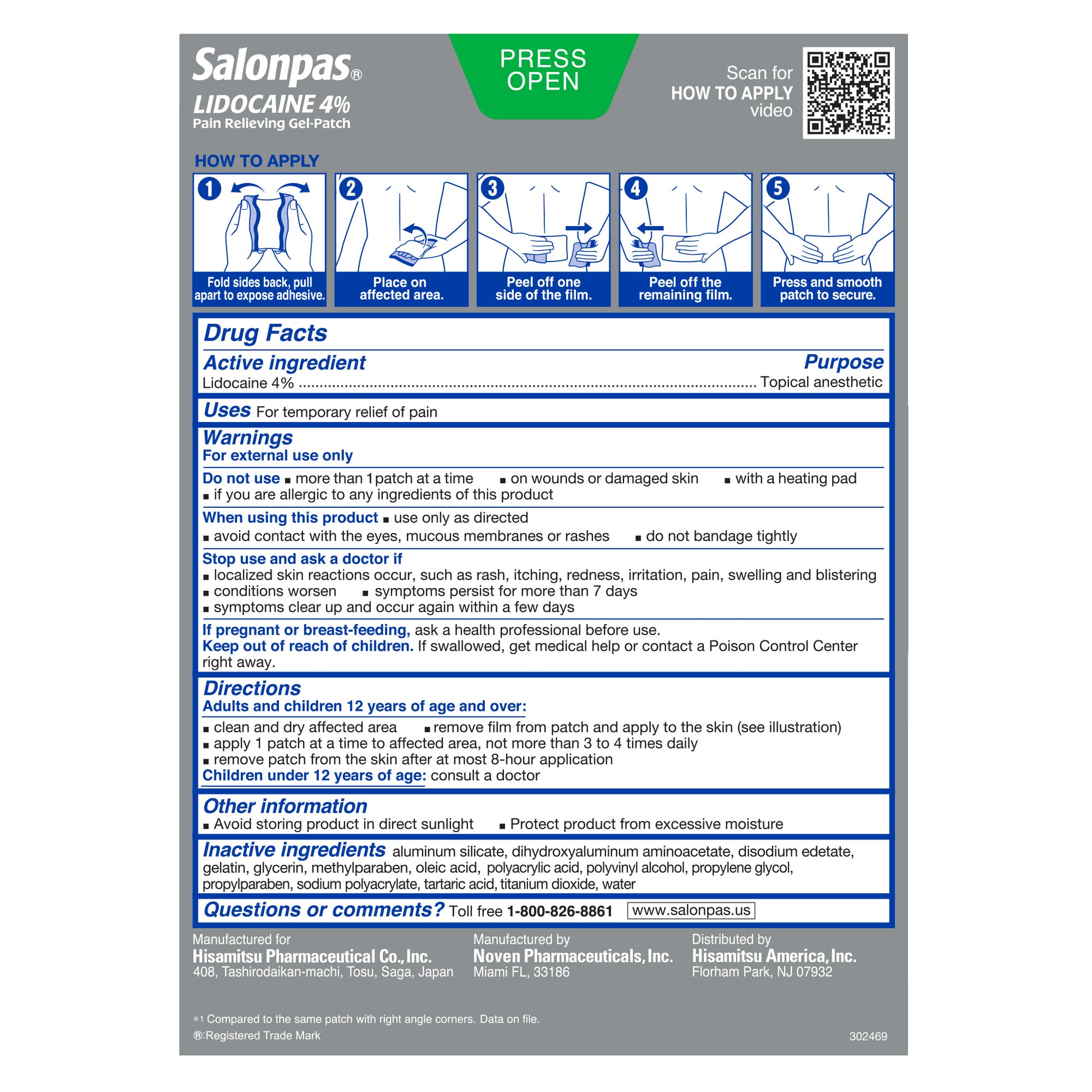 Salonpas LIDOCAINE 4% Pain Relieving Gel-Patch, 30 Patches