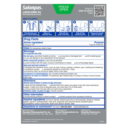 Salonpas LIDOCAINE 4% Pain Relieving Gel-Patch, 30 Patches
