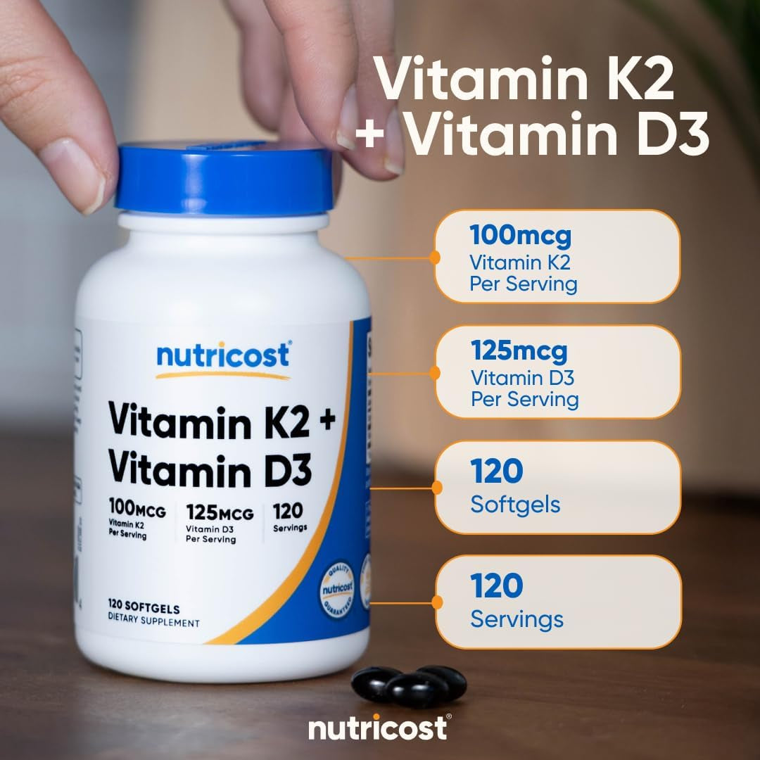 Vitamin K2 (MK7) (100Mcg) + Vitamin D3 (5000 IU) 120 Softgels - Gluten Free and Non-Gmo
