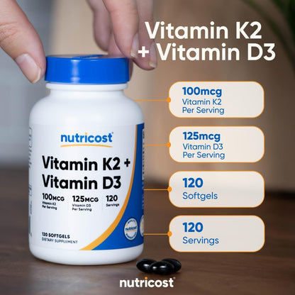 Vitamin K2 (MK7) (100Mcg) + Vitamin D3 (5000 IU) 120 Softgels - Gluten Free and Non-Gmo