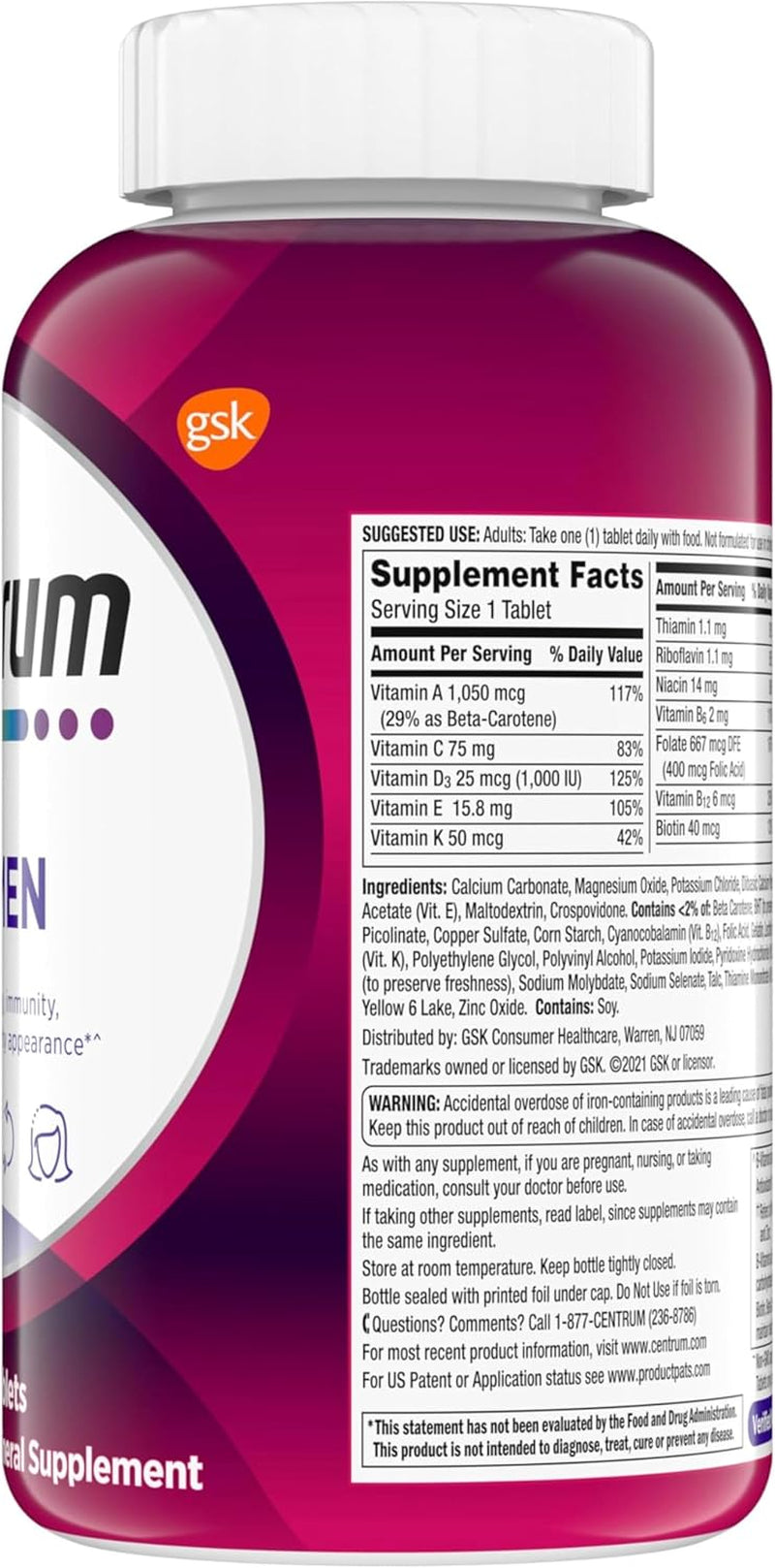 Centrum Multivitamin for Women, Multimineral Supplement with Iron, Vitamin D3, B Vitamins and Antioxidant Vitamins C and E, Gluten Free, Non-Gmo Ingredients - 250 Count