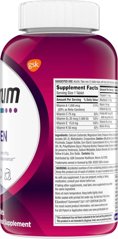 Centrum Multivitamin for Women, Multimineral Supplement with Iron, Vitamin D3, B Vitamins and Antioxidant Vitamins C and E, Gluten Free, Non-Gmo Ingredients - 250 Count