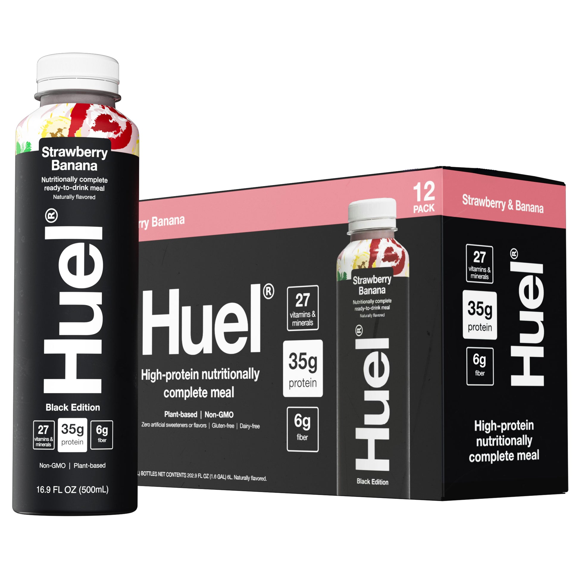 Huel Black Edition High-Protein Strawberry Banana Meal  Drink, 16.9 Fl Oz, 12-Pack