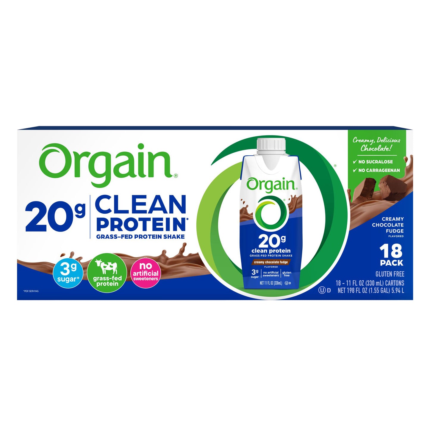 Orgain Clean Grass Fed Protein Shake, Creamy Chocolate Fudge, 11 Fl Oz, 18-Pack