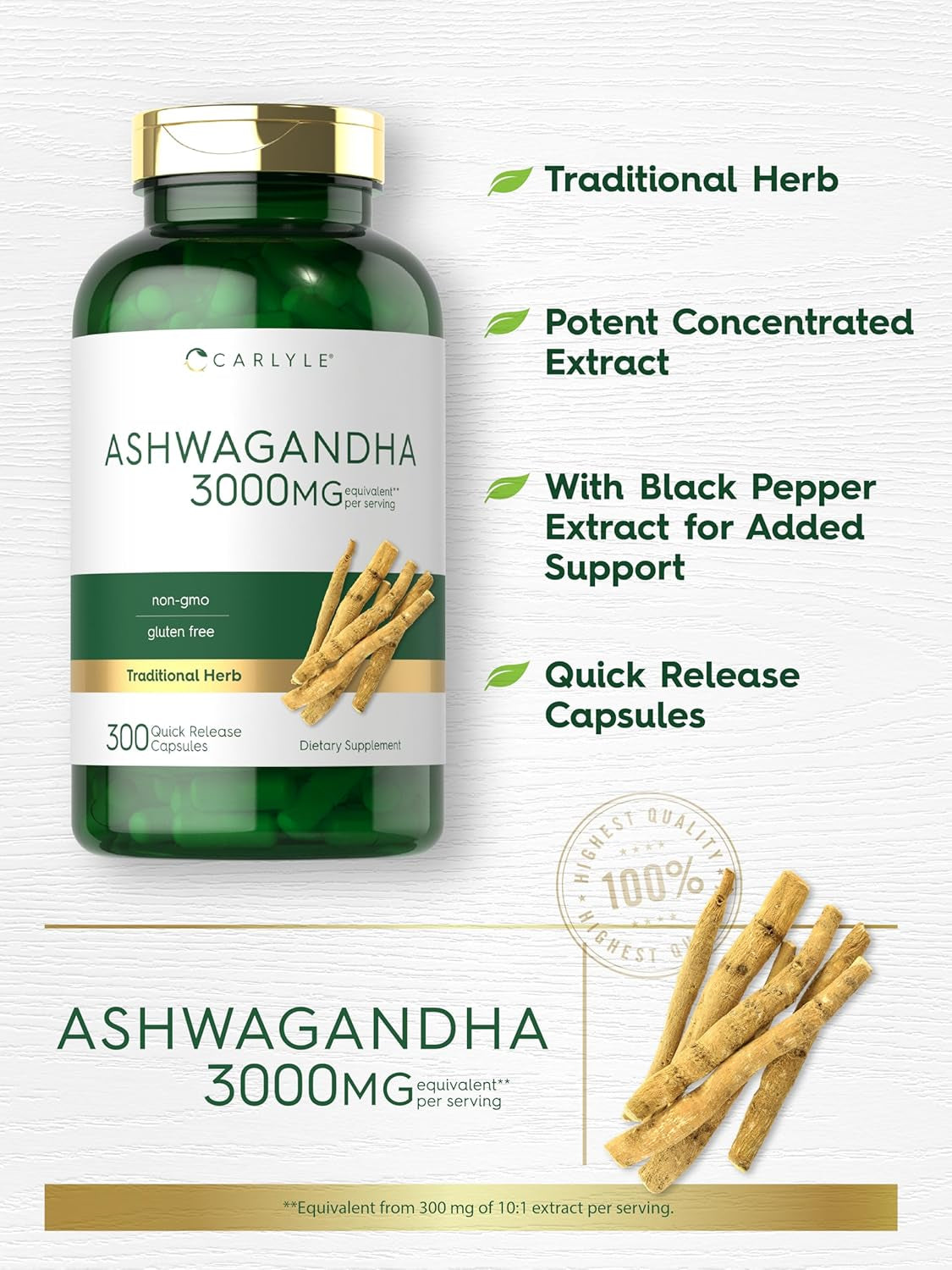 Carlyle Ashwagandha Supplement for Women and Men | 3000Mg | 300 Capsules | Herb Root Extract with Black Pepper | Non-Gmo and Gluten Free