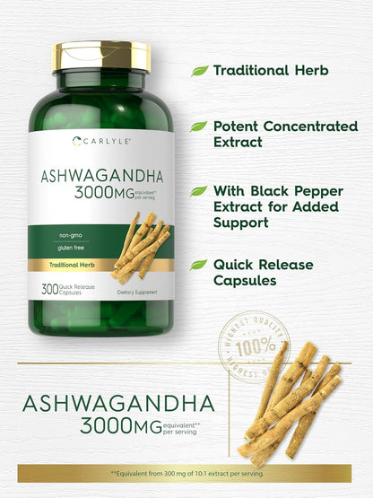 Carlyle Ashwagandha Supplement for Women and Men | 3000Mg | 300 Capsules | Herb Root Extract with Black Pepper | Non-Gmo and Gluten Free