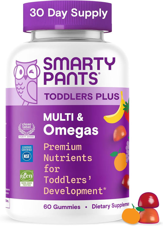 Smartypants Toddler Multivitamin Gummies - Improved Formula: Omega 3 (DHA/EPA), Vitamins D3, C, Vitamin B12, B6, A, K & Zinc, Biotin, Gluten Free, Three Fruit Flavors, 60 Count (30 Day Supply)